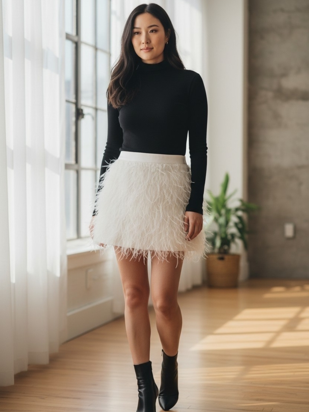 Feather-Trim Mini Skirt in White